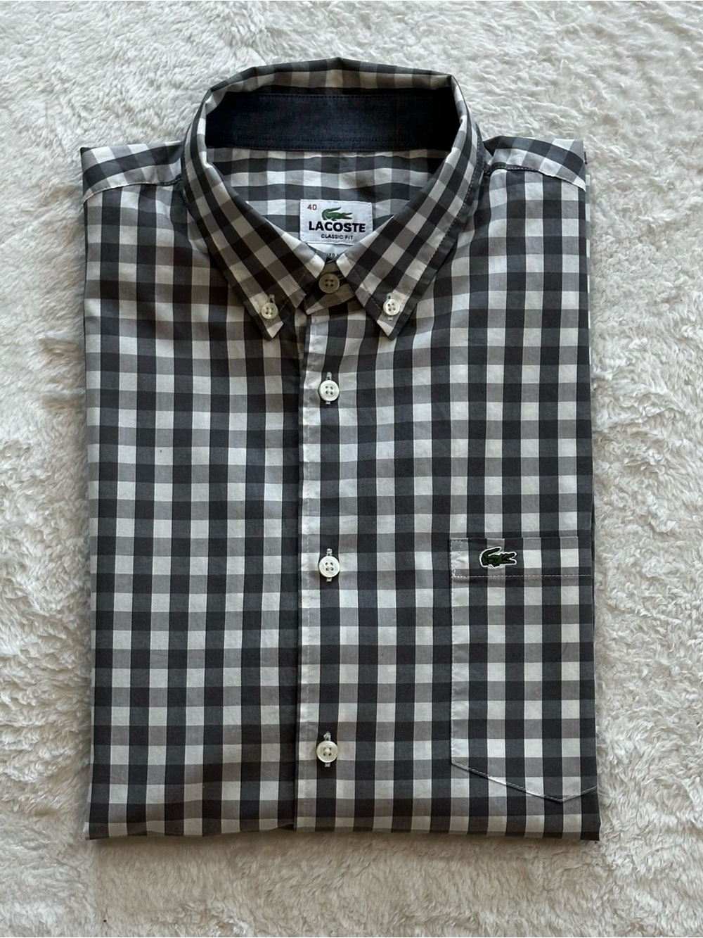 Lacoste Gingham Check Shirt Gray White Men Size 40 US Medium Classic Fit Pocket